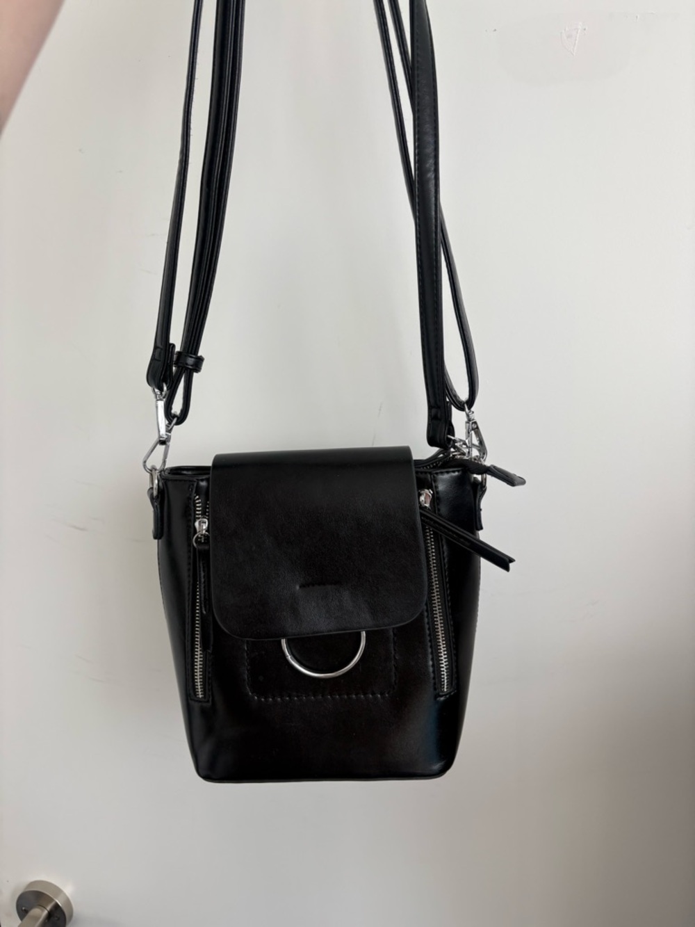 Vegan Leather Black Crossbody Bag convertible mini backpack with Silver Hardware